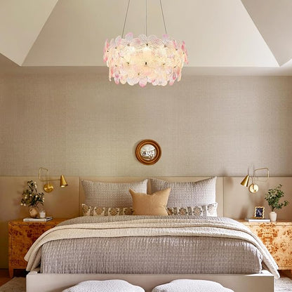 Modern Pink Flower Chandelier 20'' Gold Crystal Light Fixture Dimmable LED Ceiling Pendant Lighting with Remote Control Contemporary for Dining Room Entryway Bedroom Kitchen(3000K-6500K)