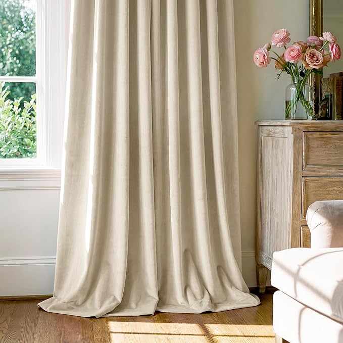 StangH Beige Curtains 92 inches Long Super Soft Velvet Privacy Protect Thermal Insulated Window Drapes Back Tab Luxury Decor for Bedroom Living Room, W52 x L92, 2 Panels