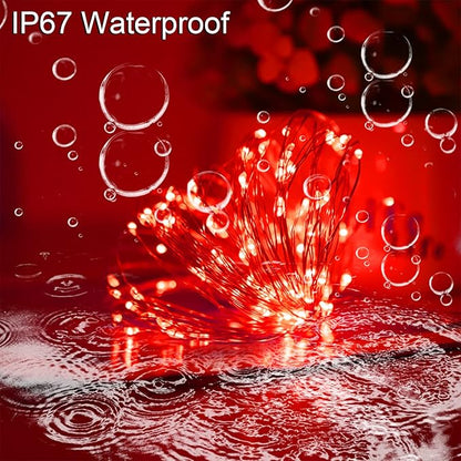 Red Solar Christmas String Lights Outdoor Waterproof, 2Pack Total 200Led 8 Modes Copper Fairy Lights, Solar Powered Outside Decorations for Valentines Day, Garden, Patio, Fence, Balcony