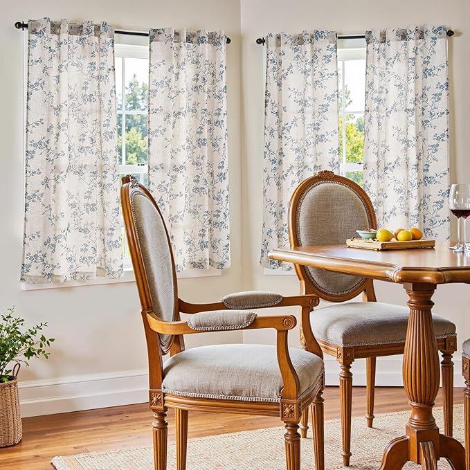 jinchan Floral Kitchen Curtains 54 Inch Linen Tier Curtains Farmhouse Cafe Half Window Drapes for Small Windows Light Filtering Blue on Beige for Living Room Bathroom Back Tab 2 Panels