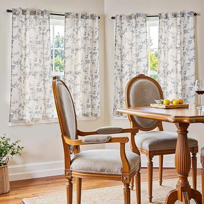 jinchan Floral Kitchen Curtains 54 Inch Linen Tier Curtains Farmhouse Cafe Half Window Drapes for Small Windows Light Filtering Blue on Beige for Living Room Bathroom Back Tab 2 Panels