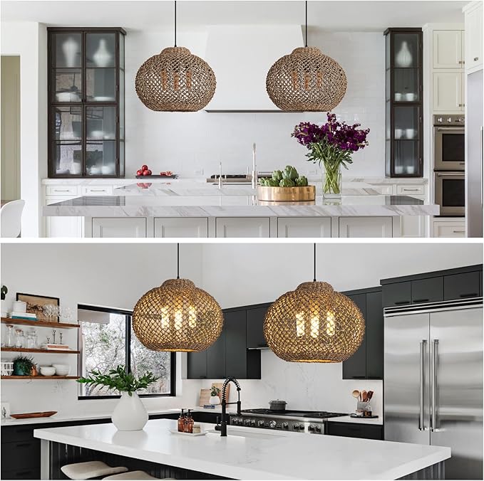 3-Light Rattan Pendant Light, 16.54" Hand-Woven Wicker Chandelier, Boho Basket Pendant Light for Dining Room Bedroom, Living Room, Bedroom, Kitchen, Farmhouse