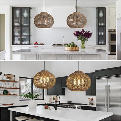 3-Light Rattan Pendant Light, 16.54" Hand-Woven Wicker Chandelier, Boho Basket Pendant Light for Dining Room Bedroom, Living Room, Bedroom, Kitchen, Farmhouse
