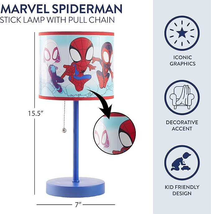 Marvel Spidey and His Amazing Friends Table Lamp,Kids Stick Lamp with Pull Chain by Idea Nuova,Fun Bedroom or Nightstand Lighting,Official Spidey Decor