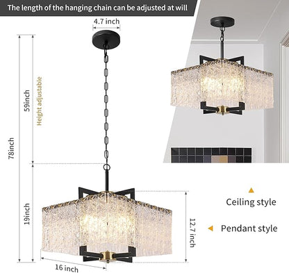 Modern Crystal Chandelier,16" Black Chandeliers for Dining Room, Adjustable Height,Water Ripple Glass,Hanging Pendant Light Fixture for Kitchen Island Entryway Foyer Hallway Living Room