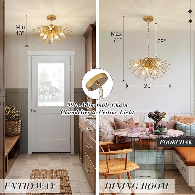 Gold Sputnik Ceiling Light, 6-Light Starburst Chandelier Ceiling Lights Mid Century Modern Satellite Flush Mount Light Solid Metal for Entry Kitchen Sink Dining Room