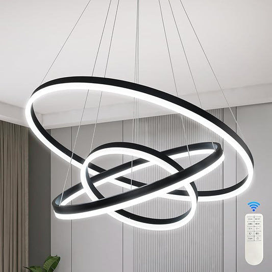31.5" Black Modern Led Chandelier 3 Ring Modern Led Pendant Light Contemporary Ring Chandeliers Dimmable Chandeliers Color Temperature Adjustable Height Hanging Chandelier for Living Room