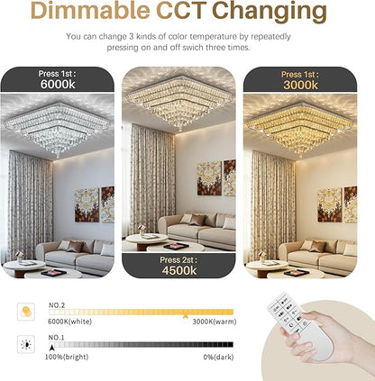 COCOSTAR Crystal Chandeliers, Modern Led Luxury Chandelier, 42" Suqare Flush Mount Chandelier Ceiling Light, Raindrop Chandeliers for Dining Room, Living Room, Bedroom