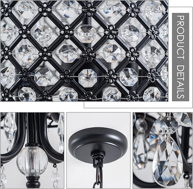 VILUXY Black Crystal Chandelier Modern Ceiling Pendant Light Fixture Drum Raindrop 4-Light Hanging Light for Bedroom Kitchen Island Dining Room Entry