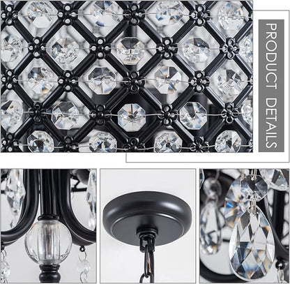 VILUXY Black Crystal Chandelier Modern Ceiling Pendant Light Fixture Drum Raindrop 4-Light Hanging Light for Bedroom Kitchen Island Dining Room Entry