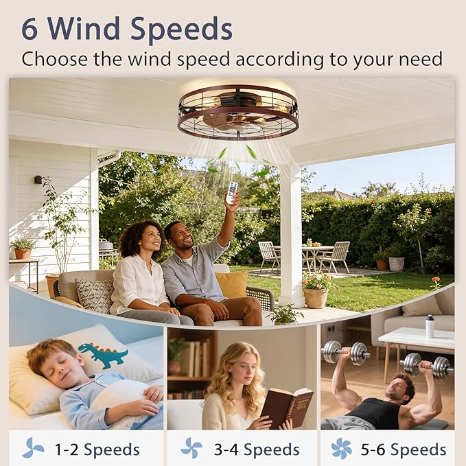 VOLISUN Farmhouse Caged Ceiling Fans with Lights Flush Mount, 23.6'' Rustic Low Profile Ceiling Fan with Light and Remote, Bladeless Fandelier Ceiling Fans with Lights for Kitchen, Bedroom(Wood)
