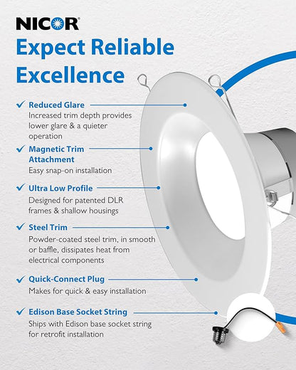 Recessed Ceiling Lights LED Downlight - Dimmable 5/6 inch LED Recessed Light Fixtures - Selectable CCT 2700K-5000K, 918 Lumens, 10.3W - DLR56 Retrofit Ceiling Light, White, 1-Pk by NICOR Lighting
