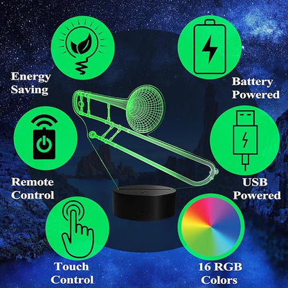Trombone Night Light, Trombone Gifts, 3D Illusion Lamp with Remote Control, 16 RGB Colors, 4 Flashing Modes, Timer, Dimmable, Trombone Accessories for Decor for Holiday Birthday Christmas