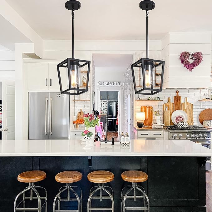 SGLfarmty 1-Light Black Pendant Lights Kitchen Island, Modern Farmhouse Cage Metal Adjustable Lantern Hanging Light Fixture with Glass Shade for Dining Room Entryway Hallway