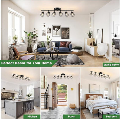 Baocuz 6-Lights Black Semi Flush Mount Ceiling Light, Multi-Directional Ceiling Light Fixtures, Rotatable Kitchen Track Lighting Fixtures with Wire Cages for Living Room, Dining Table, Foyer