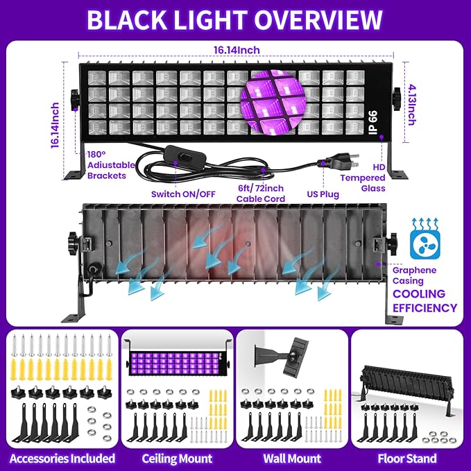 120W Black Light Bar, IP66 Blacklight with Plug+Switch+6ft Cord, Waterproof Blacklight with 100 LED, Black Light for Glow Party Halloween Decor Fluorescent Poster Body Paint Game Room Outdoor Indoor