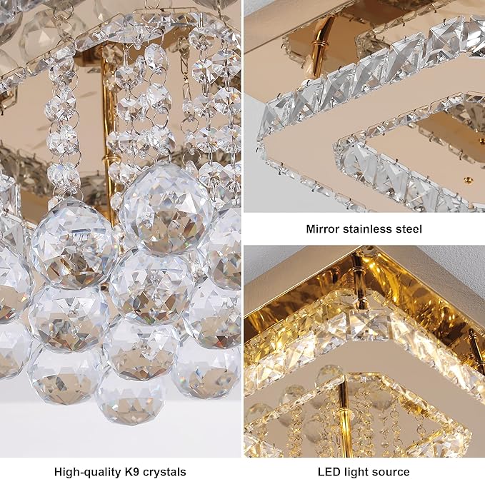 24 inch Flush Mount Chandelier Crystal Ceiling Light with Remote Control/APP, 3CCT Dimmable&Brightness Adjustable, Modern Crystal Raindrop Gold Chandeliers for Bedroom Hallway Dinning Room Living Room