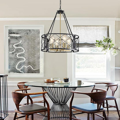 20'' Farmhouse Chandelier, 4-Light Black and Gold Dining Room Light Fixture Over Table, Rustic Industrial Drum Hanging Pendant Lights Fixture for Kitchen Island Living Room Bedroom Hallway Entryway