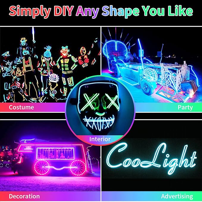 EL Wire Neon Wire Neon Light 9.84ft DIY Neon Glowing Flexible Electroluminescent Wire Light Kit for Parties Halloween Christmas Bike Clothing Decoration (Red Green White Ice Blue Purple 5 Pack)