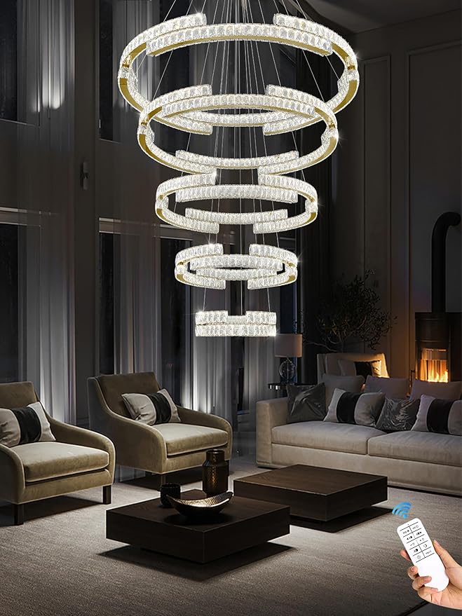 Gold Large 5 Ring Crystal Chandelier for High Ceiling Modern Long Stair Chandeliers LED Dimmable, for Villa,2-Story Foyer D47.5''+D40''+D32''+D24''+D16''