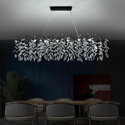 Modern Crystal Tree Branch Chandelier L40'', Black Linear Rectangle Art Deco Pendant Light Raindrop Lighting Fixture for Dining Room Kitchen Island 10 Lights