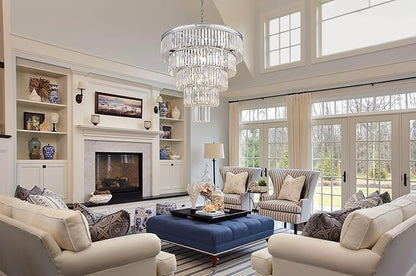 TOCHIC Large Crystal Chandelier 31.5 inch, 5-Tier Round Modern Chrome Crystal Chandeliers, Raindrop K9 High Ceiling Light for Living Room,Staircase, Entryway, Dining Room, Foyer