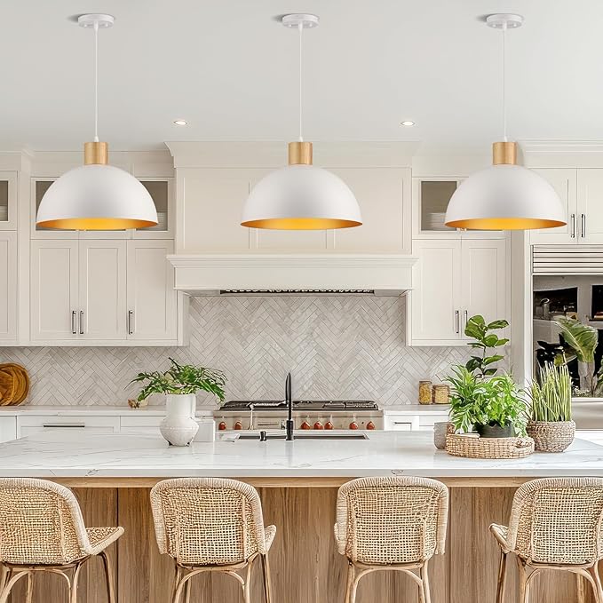 White Pendant Light, 16" Wood Dome Pendant Lights Fixtures Adjustable Large Modern Hanging Lighting, for Kitchen Island Dining Room Farmhouse Bar Restaurant