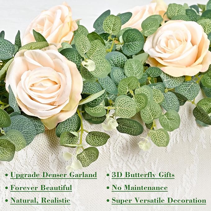 Yastouay 6.4 Ft Fuller Flower Garland with 3D Butterfly, Artificial Eucalyptus Garland with Champagne Flowers Fake Rose Vine for Table Centerpiece Wedding Baby Shower Party Room Backdrop Decor