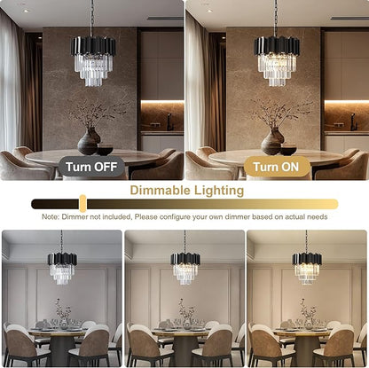 15.8" Black Crystal Chandelier, 5-Light Modern Chandelier, 3-Tier Round Pendant Light Fixture for Dining Room, Kitchen Island, Bedroom, Living Room, Foyer, Entryway, Small Crystal Chandeliers