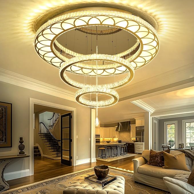 Flashing God Dia 32" Modern Crystal Chandeliers Dimmable Round Chandelier 3 Rings Flush Mount Crystal Ceiling Light for Living Room Dining Room Bedroom Gold