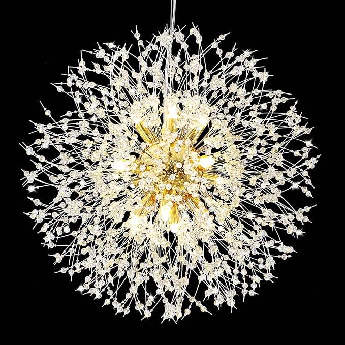 Qamra Modern Crystal Gold Chandeliers, Firework Dandelion Sputnik Chandelier Light Fixture Pendant Lighting for Dining Room, Bedroom, Kitchen, Living Room(12-Light, Gold)