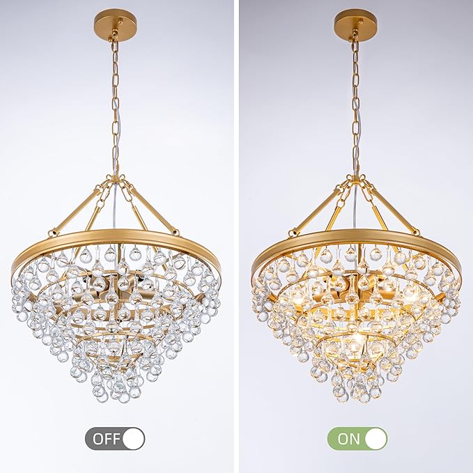 Wellmet Modern Crystal Chandeliers, 6 Lights Farmhouse Chandeliers for Dining Room, Gold Ceiling Light Fixture for Foyer, Bedroom, Living Room, Entryway, Kitchen Island, W-20 Inches