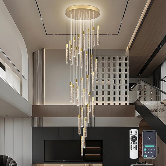30-Lights Bubble Chandelier for Entryway High Ceiling-196 Height Adjustable Crystal Chandelier,3 Color Temperature Dimmable LED Pendant Light Fixture for Foyer Living Room Staircase,Gold