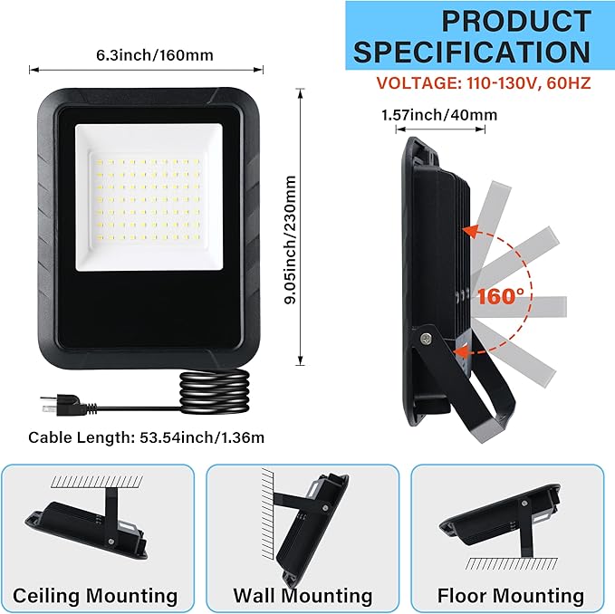 Simple Deluxe 2 Pack LED Flood Lights Outdoor, 70W 7000LM Super Bright Outside Work Light with Plug, IP65 Waterproof, 6500K Floodlight for Garage, Yard, Lawn