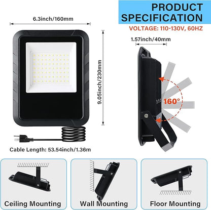Simple Deluxe 2 Pack LED Flood Lights Outdoor, 70W 7000LM Super Bright Outside Work Light with Plug, IP65 Waterproof, 6500K Floodlight for Garage, Yard, Lawn