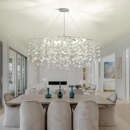 Modern Silver Crystal Tree Branch Chandelier, Rectangle Linear Art Deco Raindrop Lighting Fixture for Dining Room Living Room 12 Lights L40''