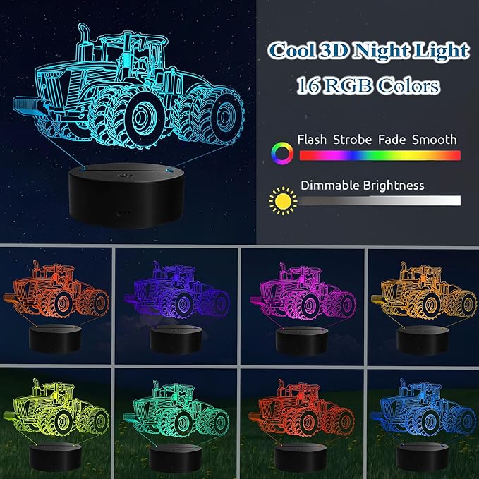 Tractor 3D Night Light, Tractor Gifts, LED Illusion Lamp with Remote Control, 16 Colors, Timer, RGB Flashing Mode and Dimmable, Tractor Toys Cool Stuff for Holiday Birthday Christmas
