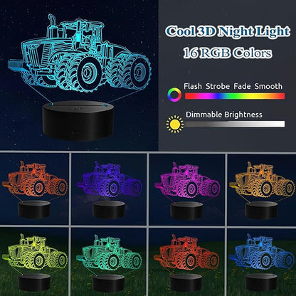 Tractor 3D Night Light, Tractor Gifts, LED Illusion Lamp with Remote Control, 16 Colors, Timer, RGB Flashing Mode and Dimmable, Tractor Toys Cool Stuff for Holiday Birthday Christmas