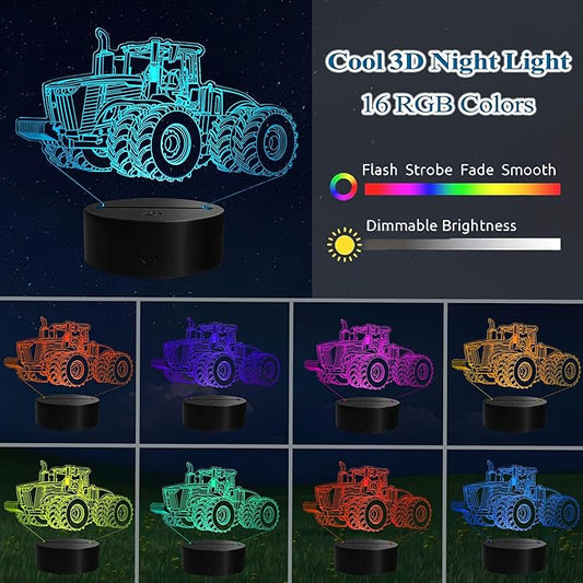 Tractor 3D Night Light, Tractor Gifts, LED Illusion Lamp with Remote Control, 16 Colors, Timer, RGB Flashing Mode and Dimmable, Tractor Toys Cool Stuff for Holiday Birthday Christmas