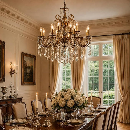 Vintage 8 Arms Crystal Chandelier Candle Light Fixture for Dining Room Living Room Bedroom Hallway Entryway Antique Gold Finish (34"-12 Lights)