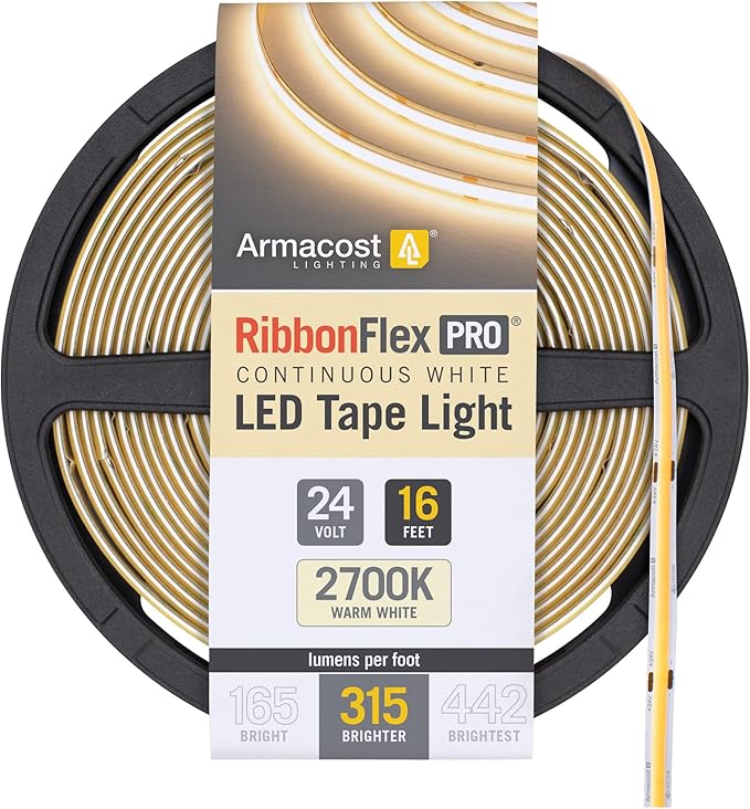 Armacost Lighting RibbonFlex Pro 24V White COB LED Strip Light Tape 2700K, 315 Lumens/Ft, 5M 172130