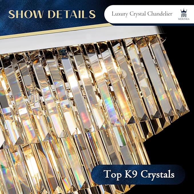 Modern Chrome Rectangle Chandelier L33.5” Luxury K9 Crystal Ceiling Pendant Light Fixture 11 Lights Rectangular Long Chandelier for Kitchen Island Dining Room Living Room Bar