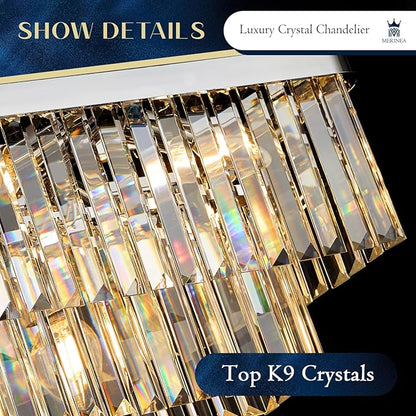 Modern Chrome Rectangle Chandelier L33.5” Luxury K9 Crystal Ceiling Pendant Light Fixture 11 Lights Rectangular Long Chandelier for Kitchen Island Dining Room Living Room Bar