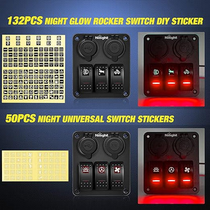 Nilight ３ Gang Rocker Switch Panel with USB Charger and Cigar Lighter Red Night Glow Stickers12V 24V Toggle ON Off for Cars Rvs Trucks