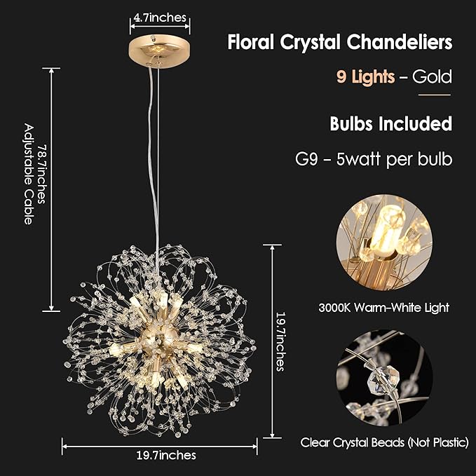 Dandelion Crystal Chandeliers, 9-Light Modern Firework Chandelier for Dining Room, Gold Sputnik Pendant Light Fixture for Bedroom, Living Room, Kitchen, Restaurant
