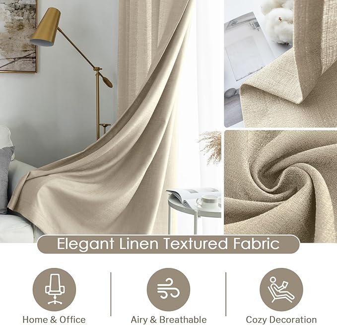 Melodieux Tan Semi Sheer Curtains 72 Inches Long for Bedroom, Living Room Farmhouse Linen Look Shiny Sheer Drapes, Rod Pocket Light Filtering Sheer Curtains, 52" W x 72" L, 2 Panels
