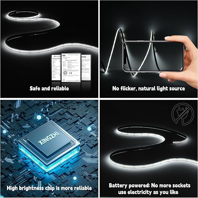 Battery Powered COB LED Strip Lights,3.28ft*2pack White LED Light Strip for Dorm Room, Under Bed, Shelves, TV Backlight, Closet, Small Cuttable Tape Lights, Small Battery LED Lights for TV