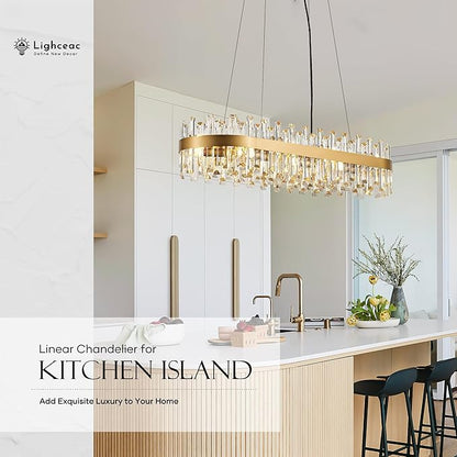 39" Modern Gold Rectangle Crystal Chandelier Light Fixtures for Kitchen Island Luxury Linear Crystal Chandeliers for Dining Room 16-Light Long Hanging Pendant Lighting for Entryway Foyer Bar
