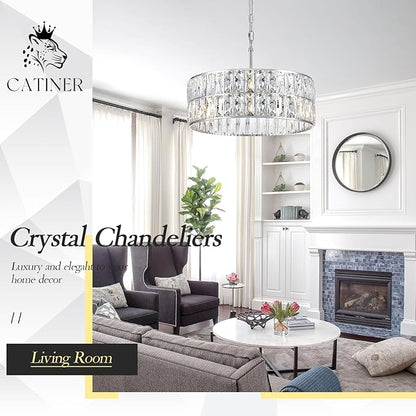 CATINER Modern Crystal Chandelier 18”Chrome Semi Flush Mount Ceiling Light Fixtures 6-Lights Drum Crystal Pendant Lighting for Dining Room Foyer Bedroom Living Room