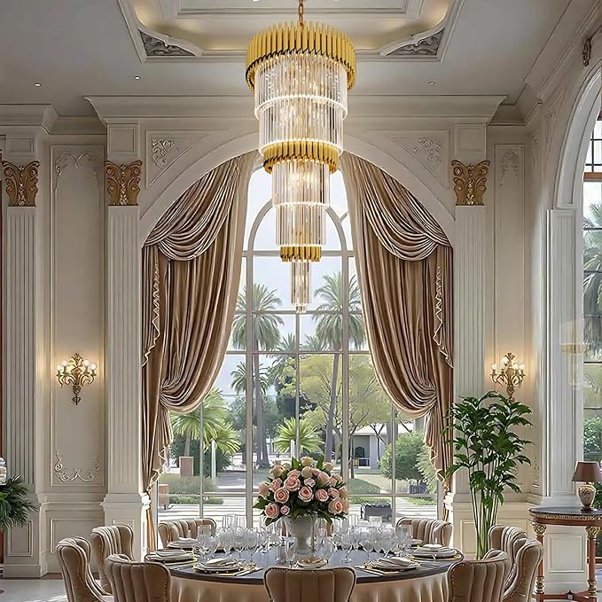 Luxury Gold Crystal Chandelier for High Ceiling 5-Tier Large Stair Chandelier for Foyer Living Room 24″W x 48″H with 100″ Chain 15-Light